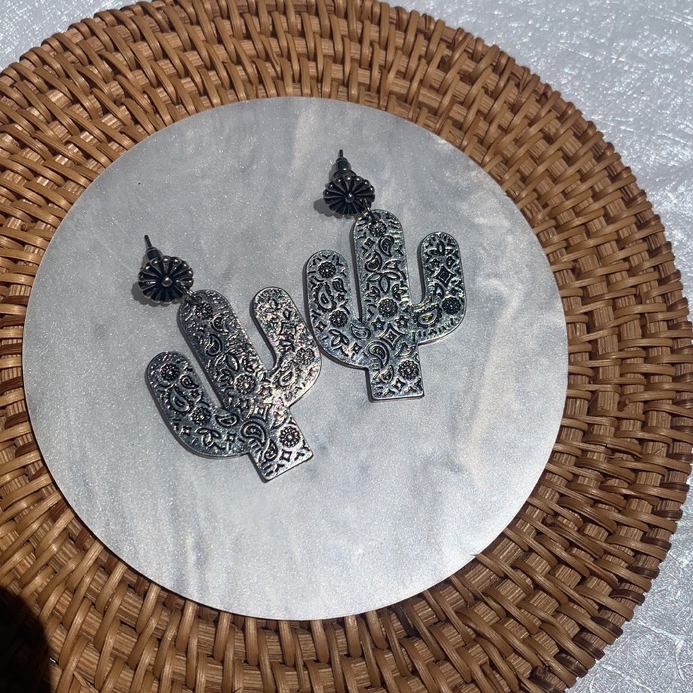 Silver Engraved Cactus Earrings